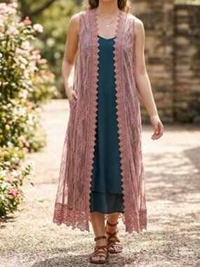 Polly & Esther Rose Lace Duster Vest XL Sleeveless Long Boho Festival Fairycore